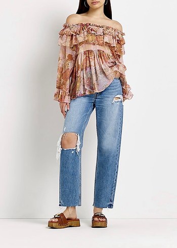 Volanlı, Straplez, Uzun Kollu Bohem Bluz - Görsel 2