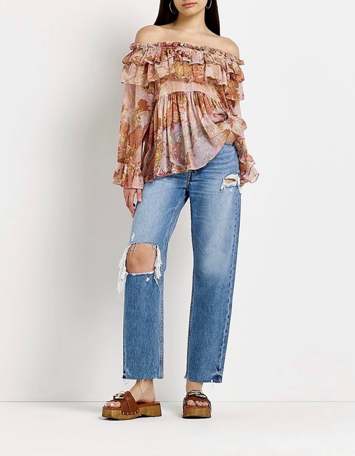 Volanlı, Straplez, Uzun Kollu Bohem Bluz - Görsel 2