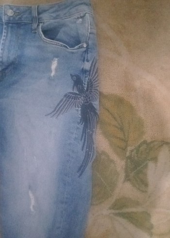 Desenli Gri Mavi Kadın Denim Pantolon