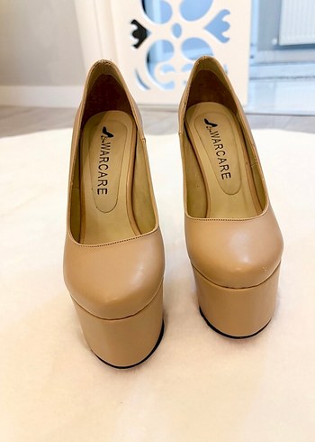 Bej Deri platform Topuklu Kadın Ayakkabı - Görsel 8