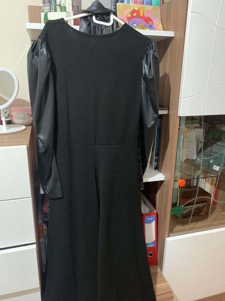 Kadın Siyah Deri Uzun Elbise - Görsel 5