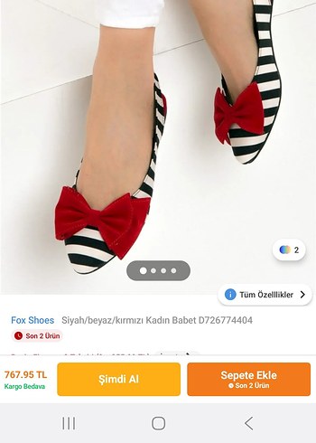 Fox Shoes Siyah Beyaz Kadın Babet Kırmızı Fiyonk