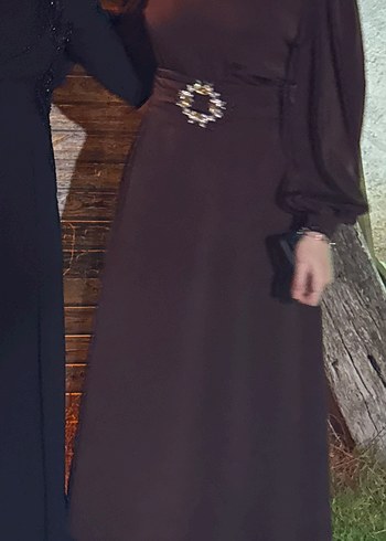 s Beden Kahverengi, Uzun Kollu, Kuşaklı Kadın Elbisesi