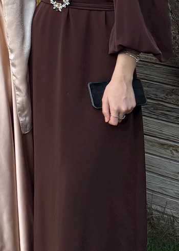 Abiye Kahverengi, Uzun Kollu, Kuşaklı Kadın Elbisesi