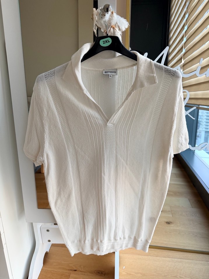 Vakkorama Erkek Beyaz V Yakalı Örgü Kısa Kollu Tişört - Görsel 2