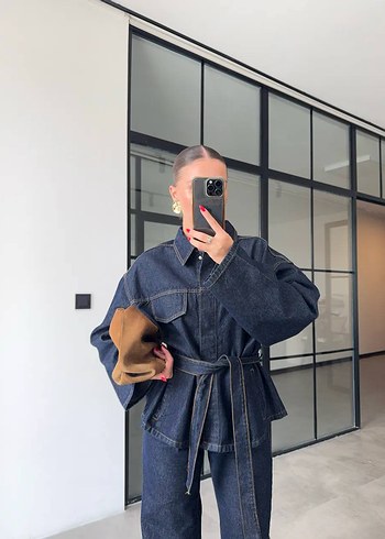 Viral kuşaklı denim takım