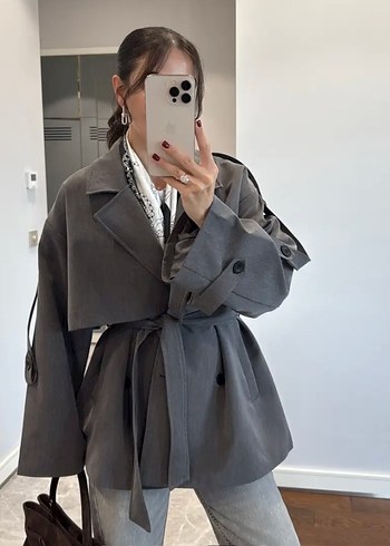 Zara Kadın Gri Kemerli Midi Trençkot