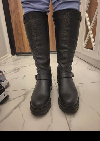 Tokalı Siyah Deri Biker Dizüstü Kadın Çizme harley davidson - Görsel 3