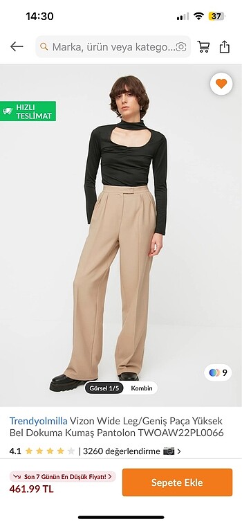 36 Beden camel Renk Vizon wide leg geniş paça kumaş pantolon