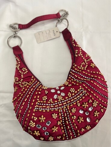 Bordo işlemeli vintage ithal baget kol çantası