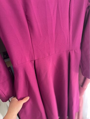 m Beden Deniz butik mor volanlı kloş midi abiye elbise