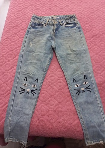 Diğer Kedi İslemeli Acik Mavi Denim Jean