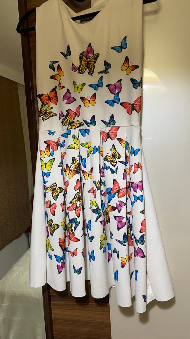 Renkli Kelebek Desenli Midi Elbise - Görsel 2