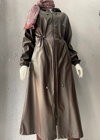 Uzun Kahverengi Deri Yağmurluk - Görsel 2