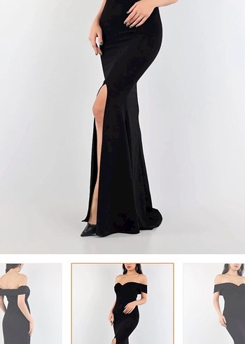 Siyah V Yakalı Uzun Kadın Balık Abiye Elbise - Görsel 4