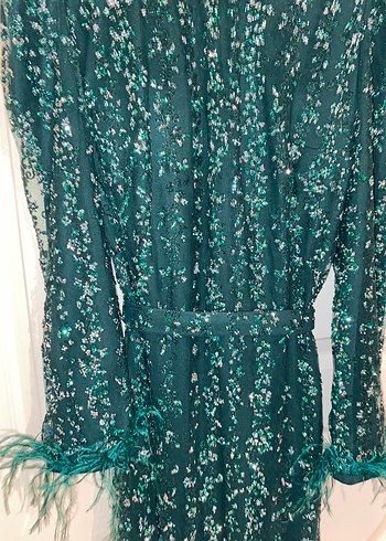 Uzun Yeşil Nakışlı Kadın Elbise - Görsel 6