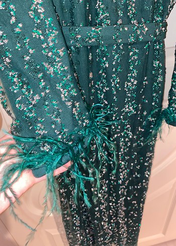 Uzun Yeşil Nakışlı Kadın Elbise - Görsel 5