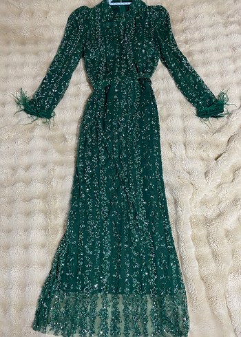 Uzun Yeşil Nakışlı Kadın Elbise - Görsel 7