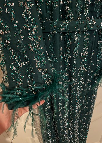 Uzun Yeşil Nakışlı Kadın Elbise - Görsel 4