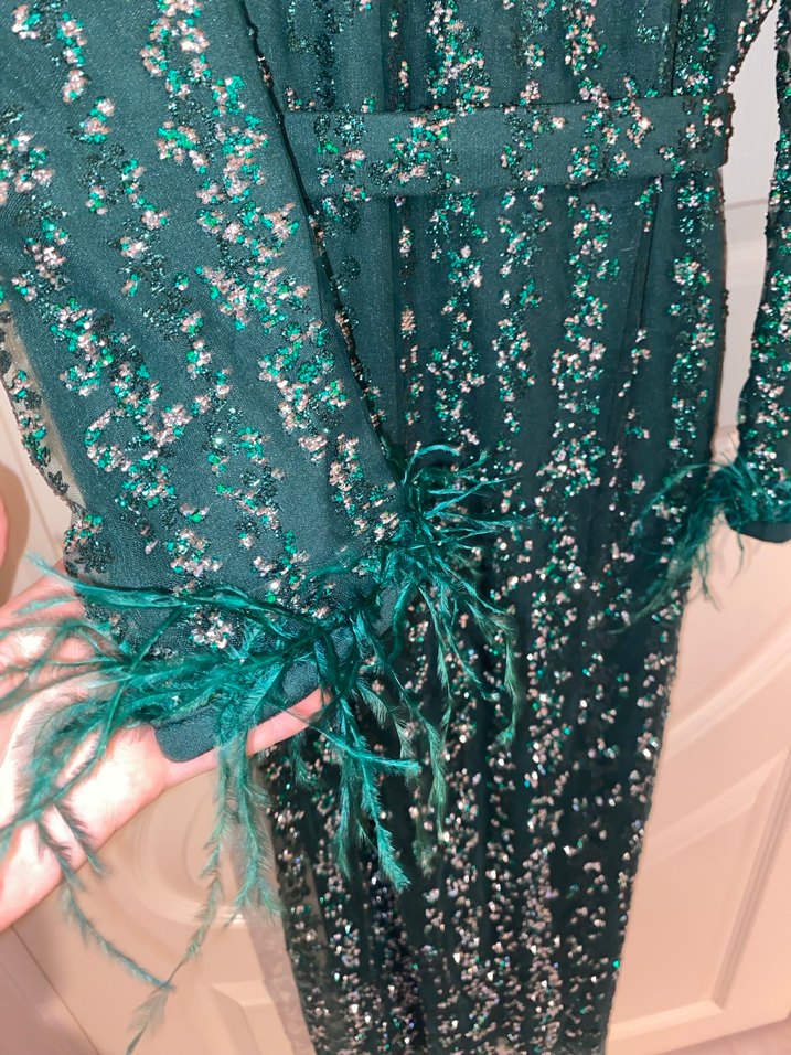 Uzun Yeşil Nakışlı Kadın Elbise - Görsel 5