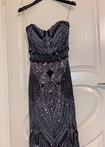 Boncuk İşlemeli Straplez Uzun Gri Abiye Elbise - Görsel 5