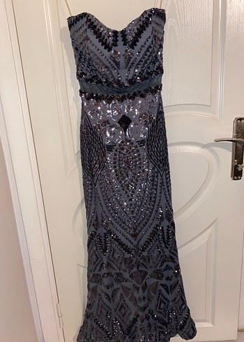 Boncuk İşlemeli Straplez Uzun Gri Abiye Elbise - Görsel 4