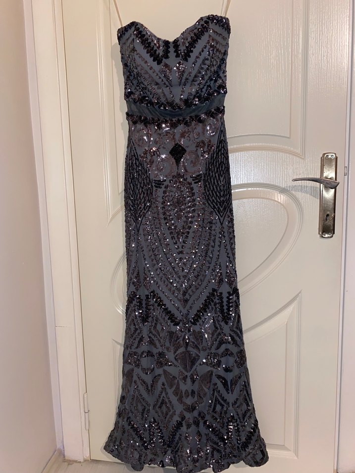 Boncuk İşlemeli Straplez Uzun Gri Abiye Elbise - Görsel 3