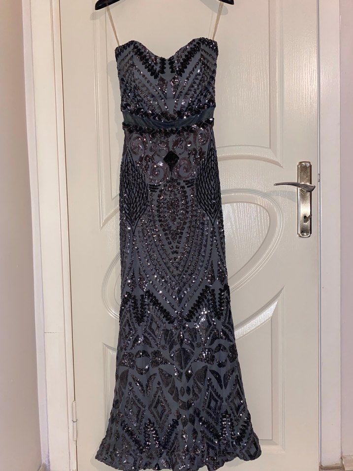 Boncuk İşlemeli Straplez Uzun Gri Abiye Elbise - Görsel 2