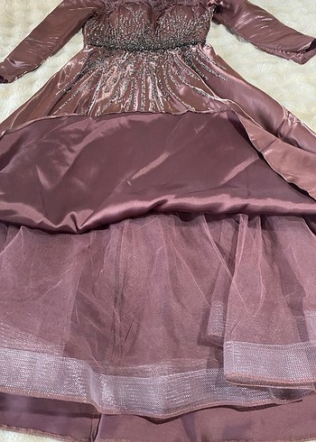 Uzun Kollu Gül kurusu Drapeli Abiye Elbise - Görsel 7