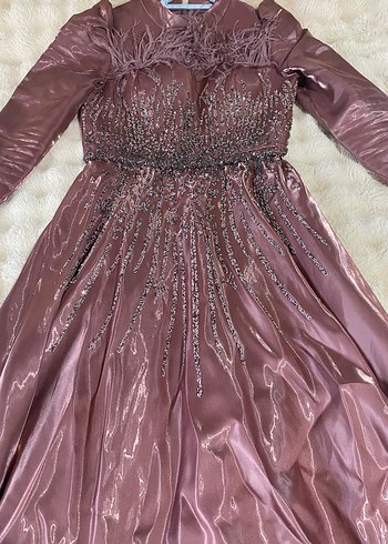 Uzun Kollu Gül kurusu Drapeli Abiye Elbise - Görsel 4