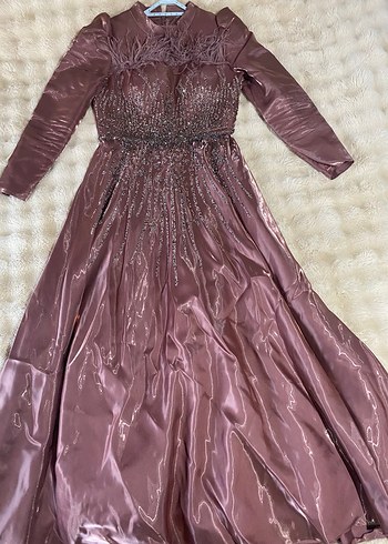 Uzun Kollu Gül kurusu Drapeli Abiye Elbise - Görsel 2