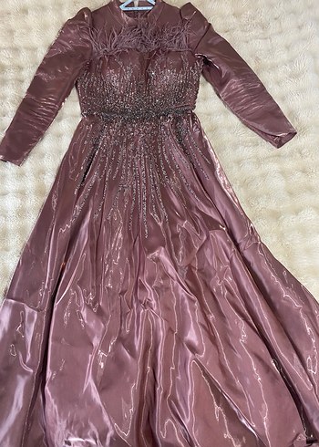 Uzun Kollu Gül kurusu Drapeli Abiye Elbise - Görsel 3