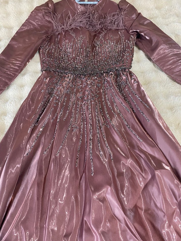 Uzun Kollu Gül kurusu Drapeli Abiye Elbise - Görsel 4