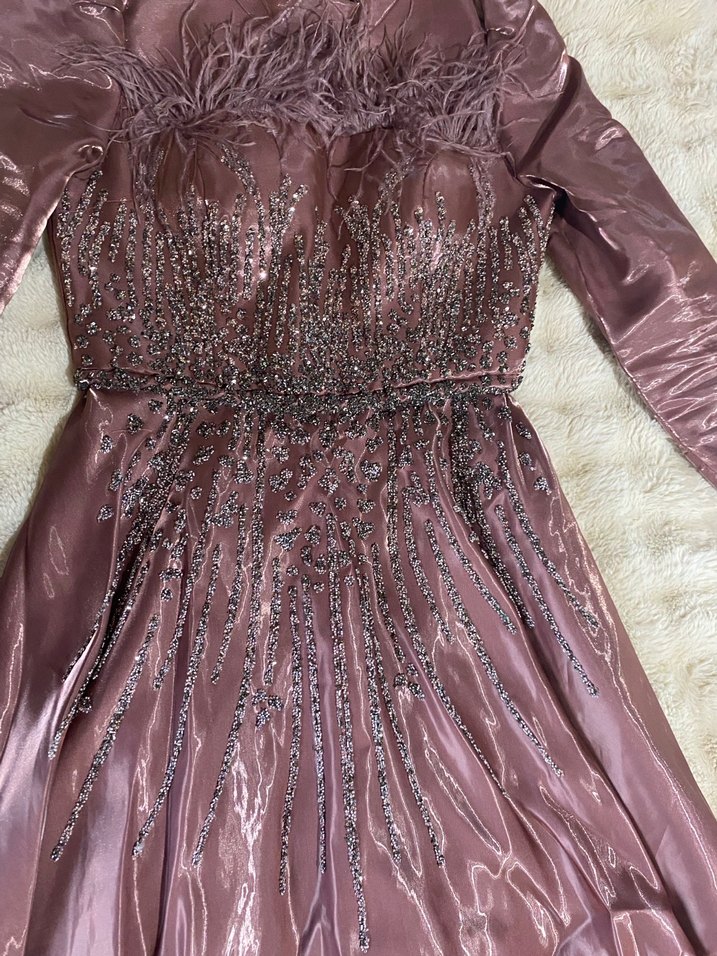 Uzun Kollu Gül kurusu Drapeli Abiye Elbise - Görsel 5