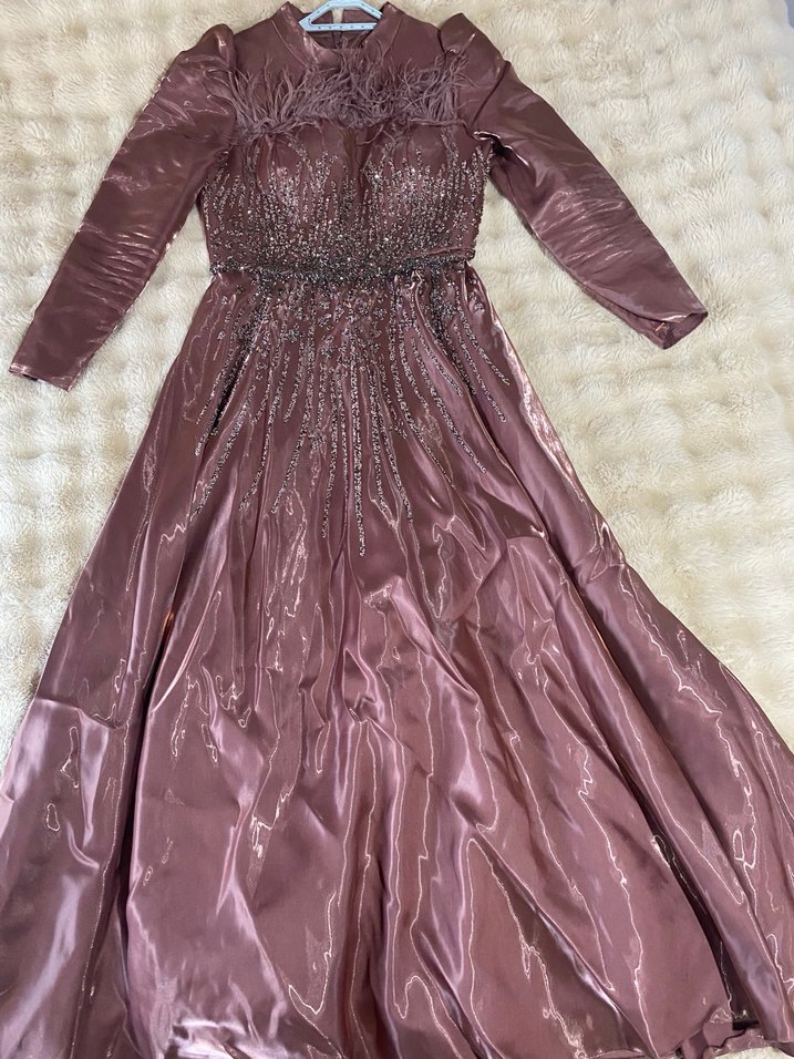 Uzun Kollu Gül kurusu Drapeli Abiye Elbise - Görsel 2