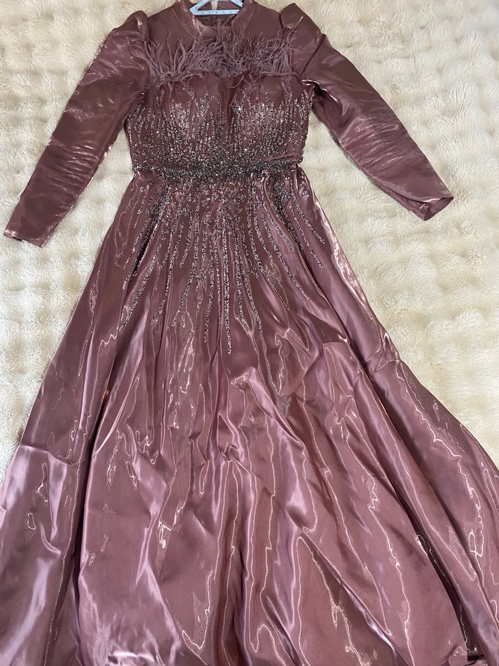 Uzun Kollu Gül kurusu Drapeli Abiye Elbise - Görsel 3