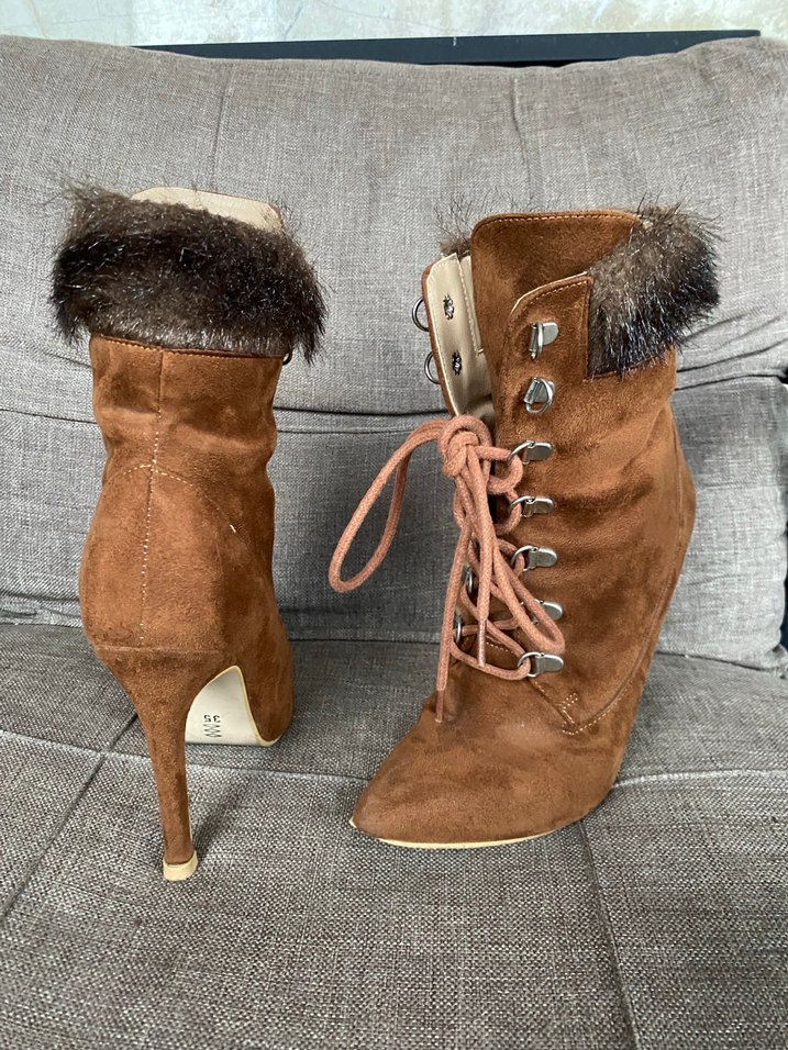 Kahverengi Süet Topuklu Kürklü Kadın Bot - Görsel 4