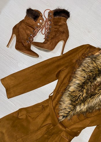 Kahverengi Süet Mini Kaban Kürk Detaylı - Görsel 4