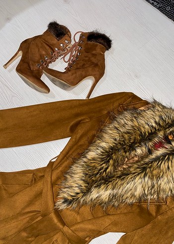 Kahverengi Süet Mini Kaban Kürk Detaylı - Görsel 3