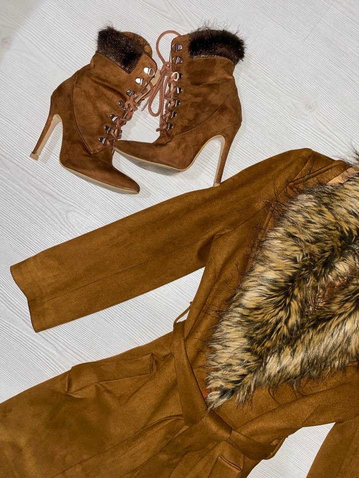 Kahverengi Süet Mini Kaban Kürk Detaylı - Görsel 4