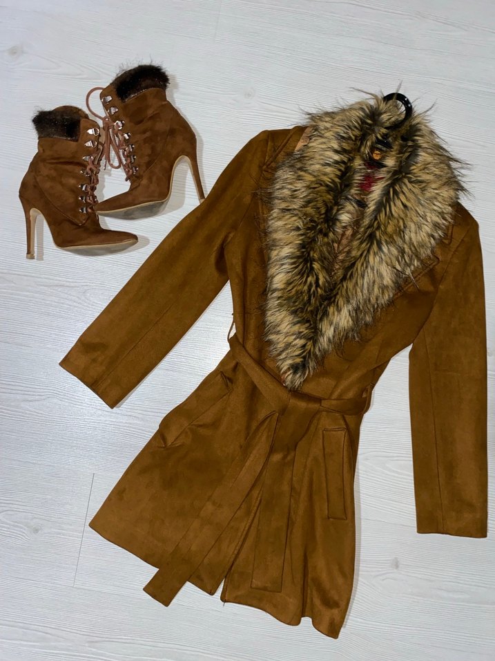 Kahverengi Süet Mini Kaban Kürk Detaylı - Görsel 2