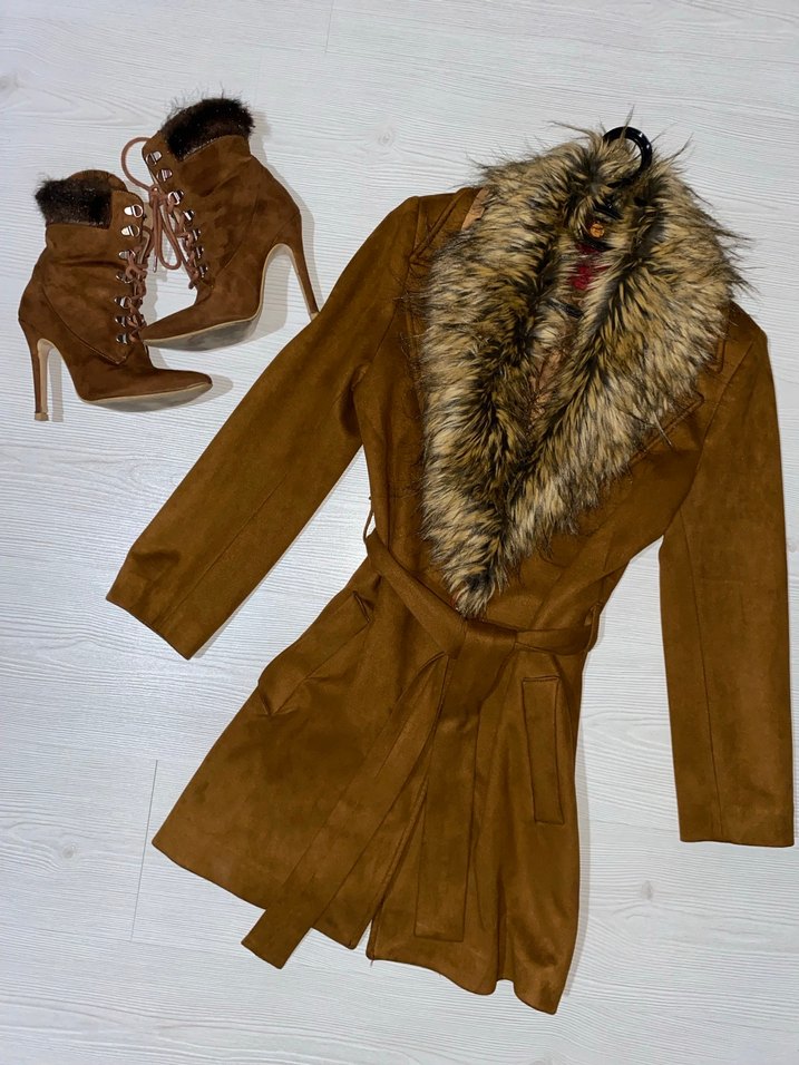 Kahverengi Süet Mini Kaban Kürk Detaylı - Görsel 5