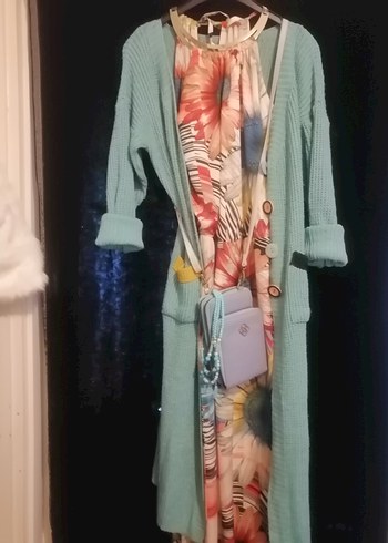 Uzun Pastel Renkli Salaş Triko Hırka - Görsel 3