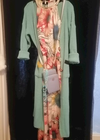 Uzun Pastel Renkli Salaş Triko Hırka - Görsel 4