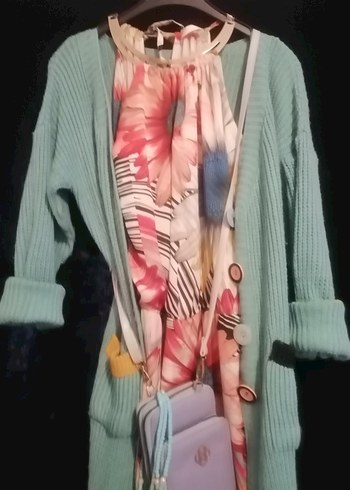 Uzun Pastel Renkli Salaş Triko Hırka - Görsel 5