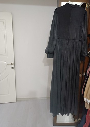 Siyah Uzun Keten Elbise Drapeli Yüksek Yakalı - Görsel 2