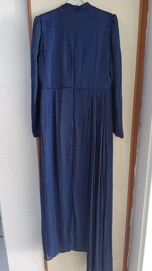 Lacivert Drapeli Uzun Kollu Abiye Elbise - Görsel 2