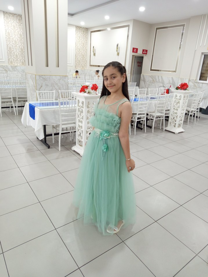 Turkuaz Dantel Detaylı Askısız Kız Çocuk Elbisesi - Görsel 2