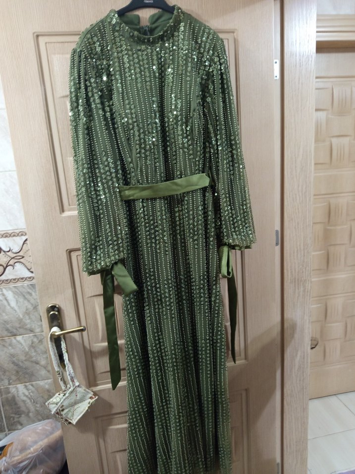 Kadın Haki Uzun Drapeli Abiye Elbise - Görsel 3