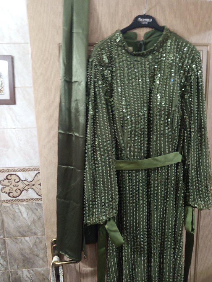 Kadın Haki Uzun Drapeli Abiye Elbise - Görsel 2